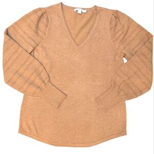 Chico's Women's Sweater Small Tan V-Neck Puff Sleeve Pointelle Classic Old Money